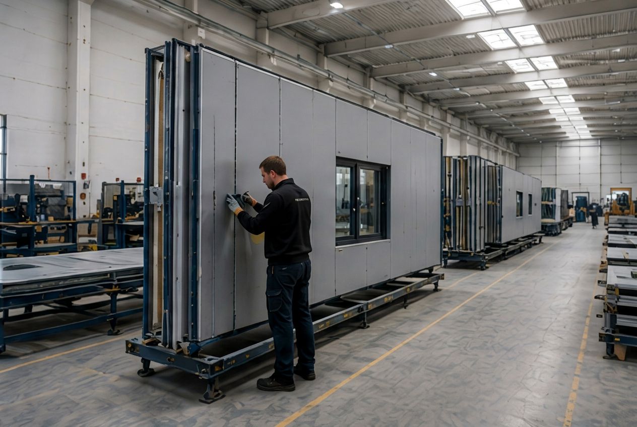 Fassadenmodul mit werkseitig eingebautem Fenster in der Endmontage
