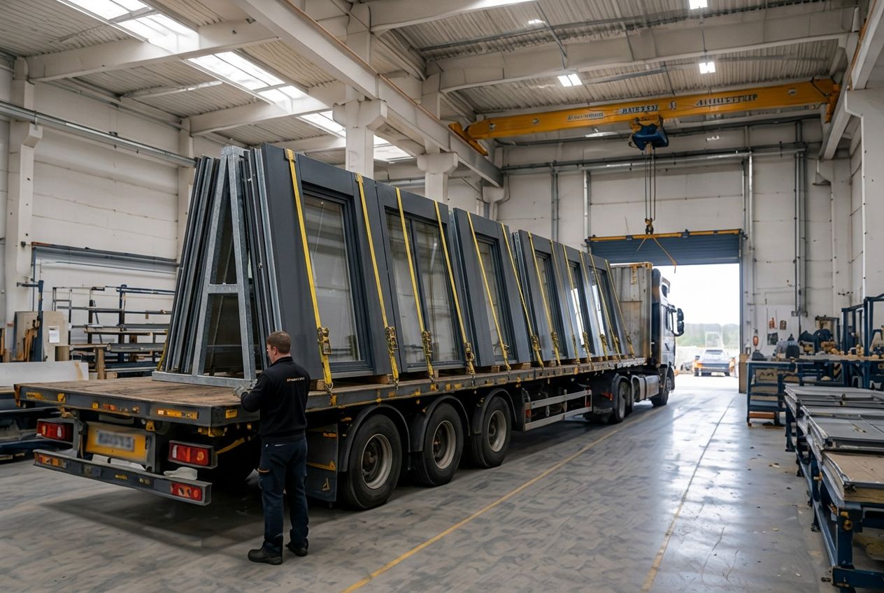 Verladung aufrecht gesicherter Fassadenmodule auf einen Sattelauflieger